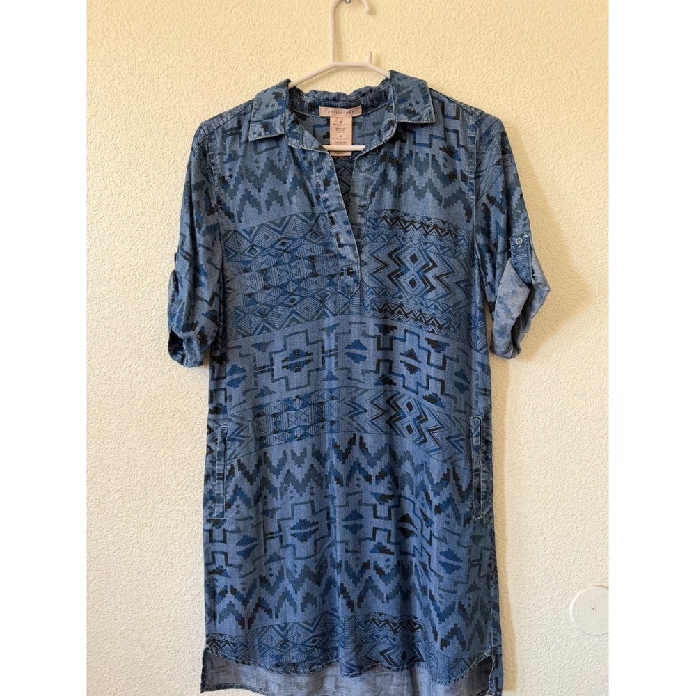 Philosophy Womens Aztec Print Chambray Shirt Dressβ Tencel Blue Size S - Picture 2 of 14